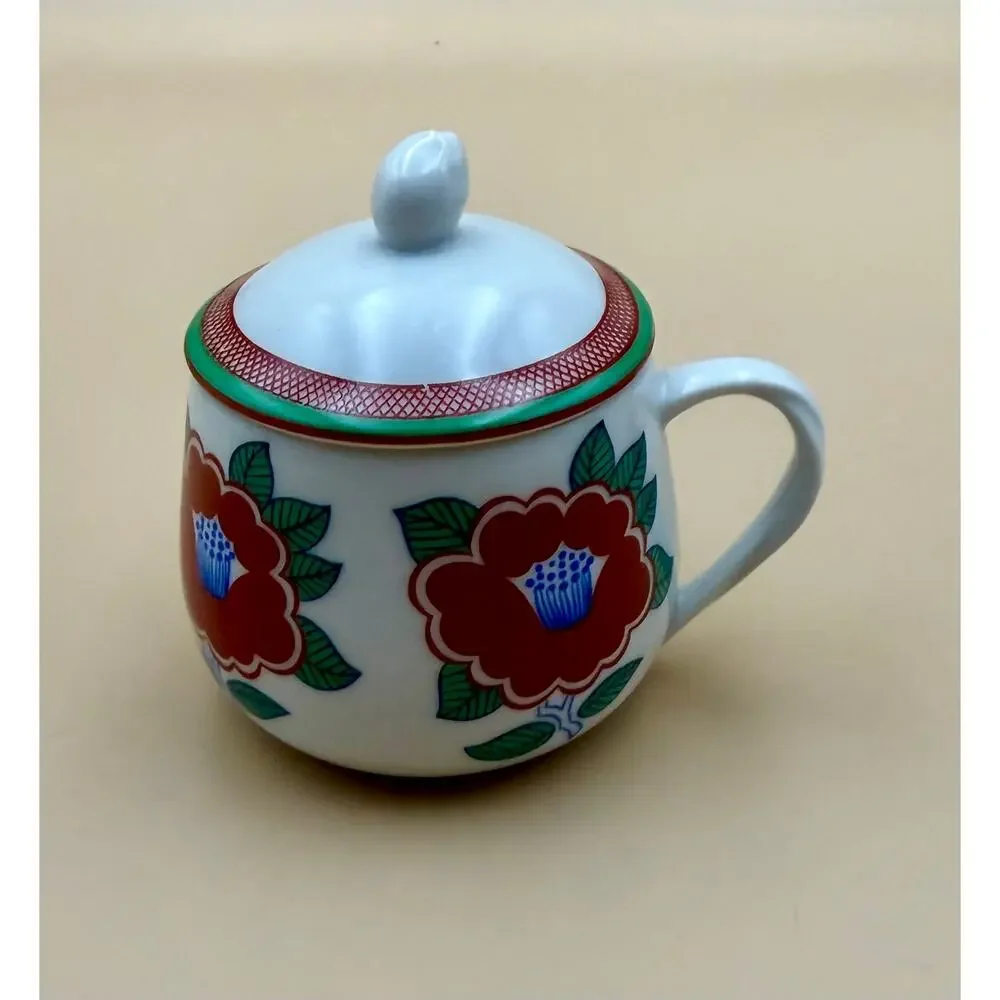 Vintage Fitz & Floyd Camellia Covered Tea Cup Lidded Mug Japan Red Floral EUC
